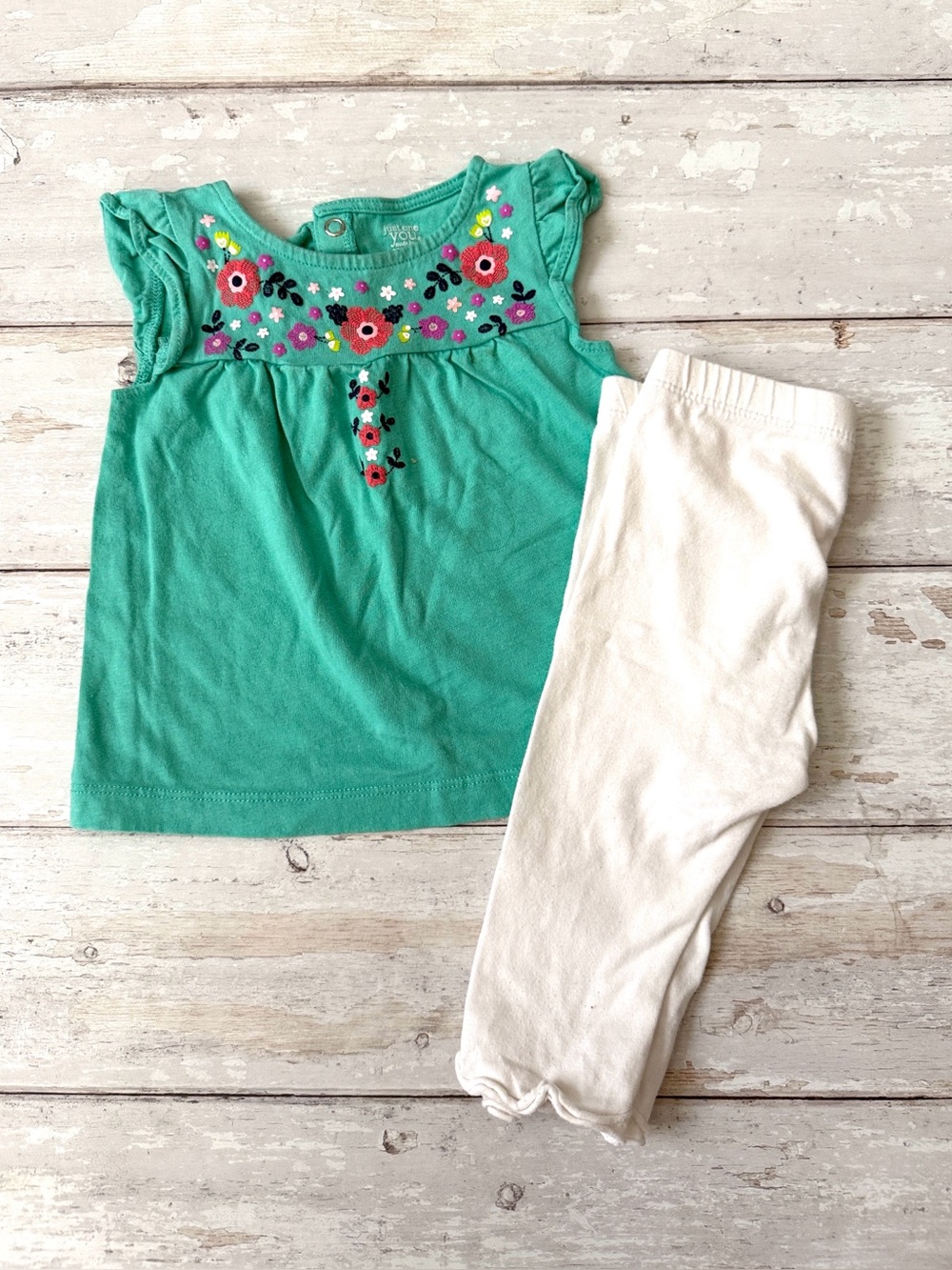 Carters 9m Baby Girl Outfit Set Teal Tank Top Floral Print White Leggings Pants